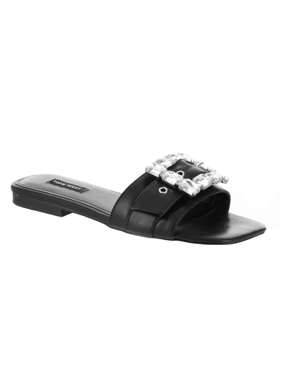 NWOB Nine West Matter2 Flat Sandals Rhinestone Slip On Black - Size 7.5